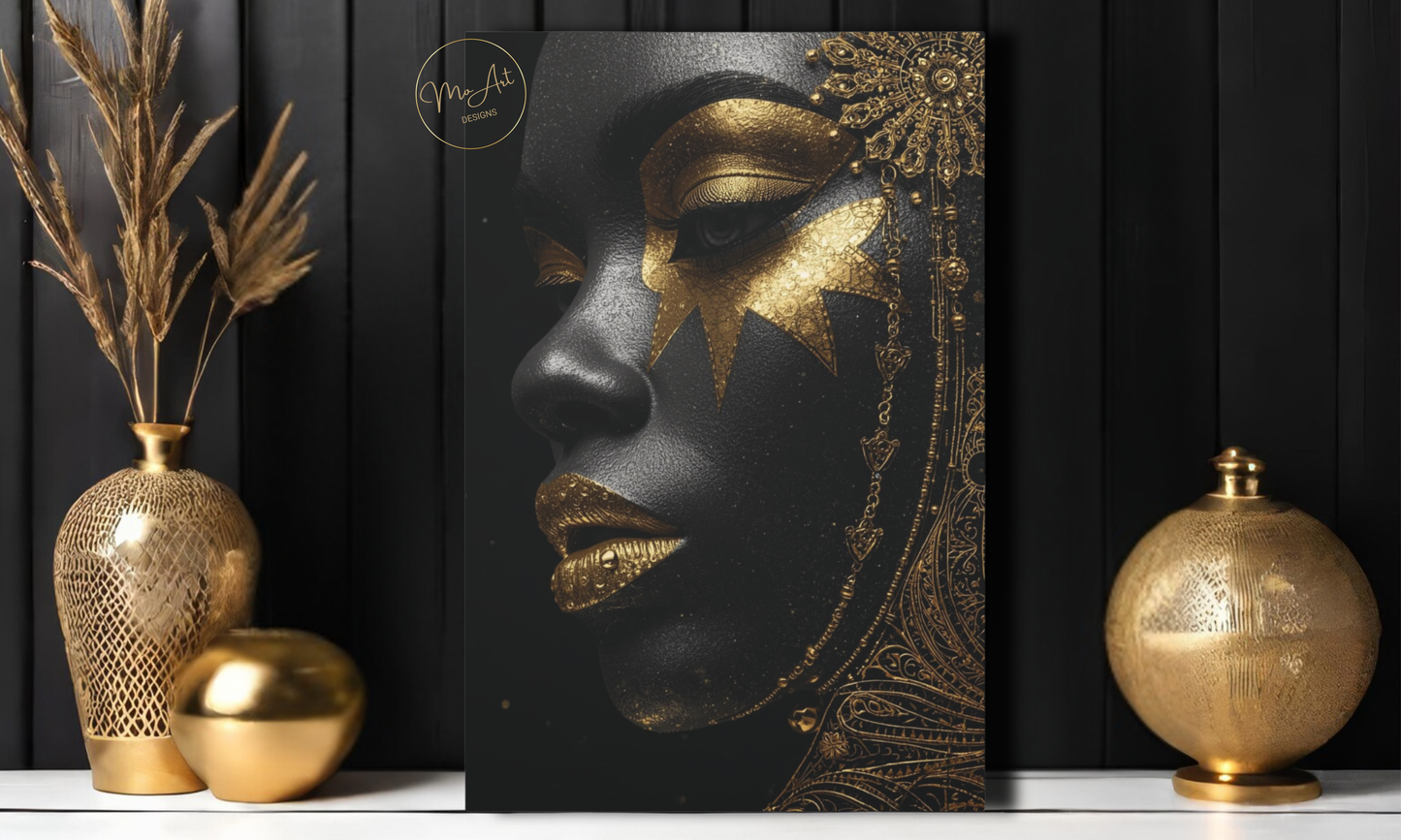Black Woman Wall Art – Celestial Queen in Black & Gold / Canvas Print