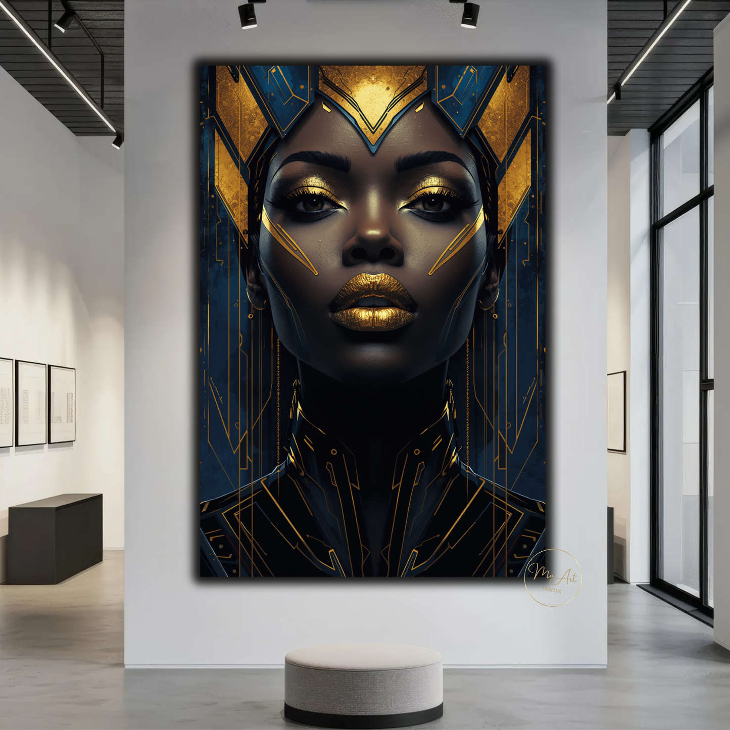 Black Woman Wall Art – Blue & Gold Afrocentric Queen Canvas Print