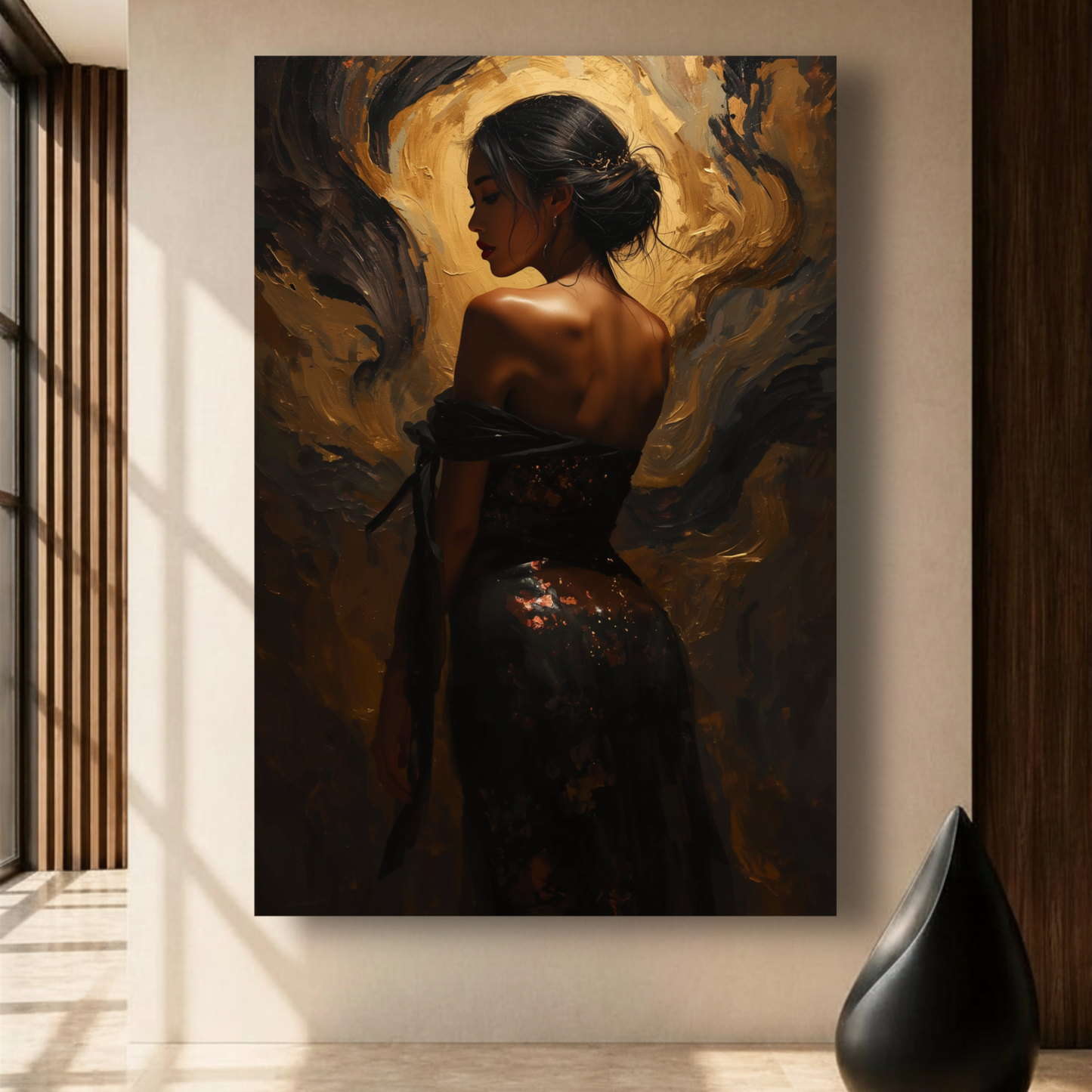 Golden Elegance Canvas Print – Luxury Abstract Female Portrait | Black, Gold & Bronze Wall Art