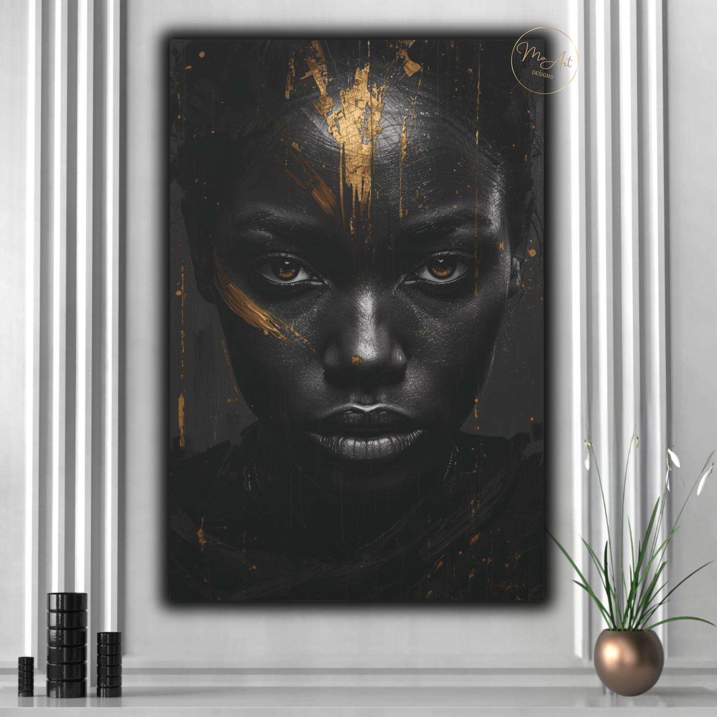 Black Woman Wall Art – Unbreakable Gaze | Black & Gold Statement Canvas Print