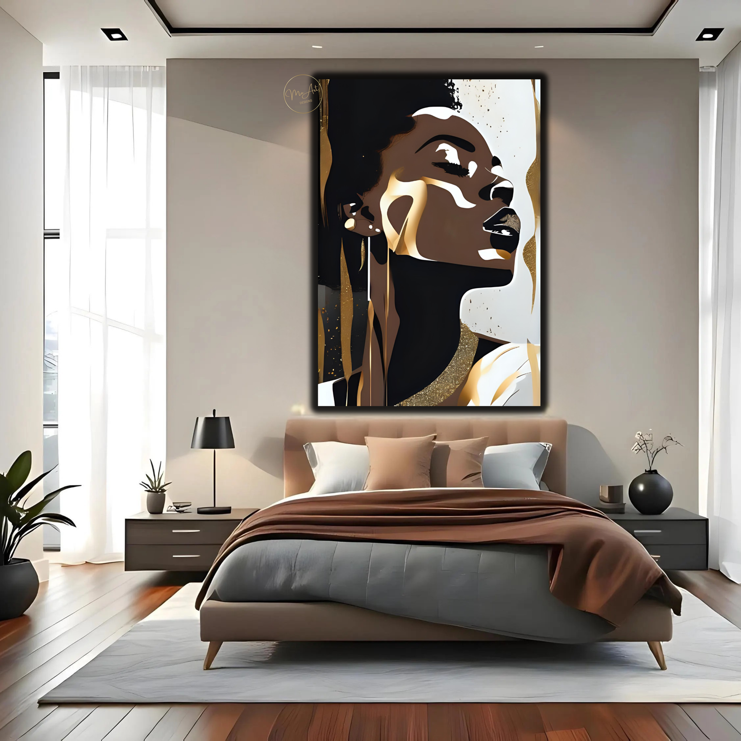 Black Woman Wall Art – Elegant Afrocentric Gold & Neutral Abstract Portrait Canvas Print