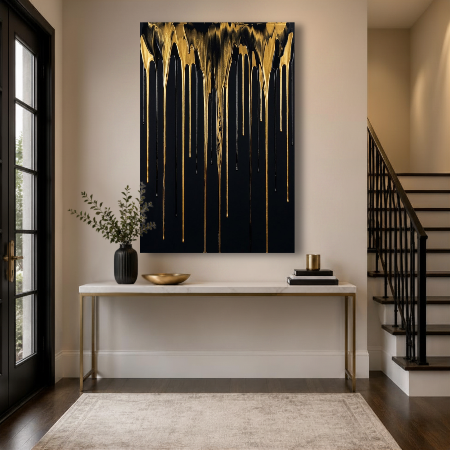 Abstract Modern Gold & Black Drip Canvas Print | Luxury Home Wall Decor