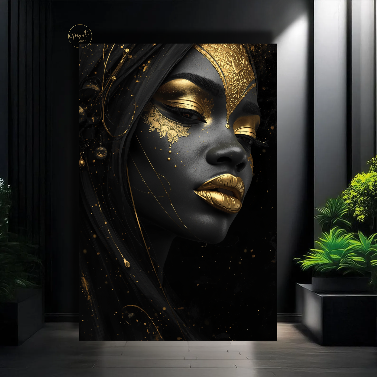 Black Woman Wall Art – Striking Gold & Black Beauty | Afrocentric Luxury Canvas Print