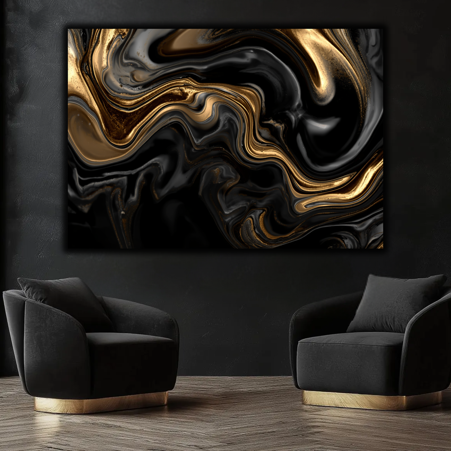 Black & Gold Abstract Wall Art Canvas – Luxury Liquid Marble Modern Art Print | Elegant Black Gold Home Decor