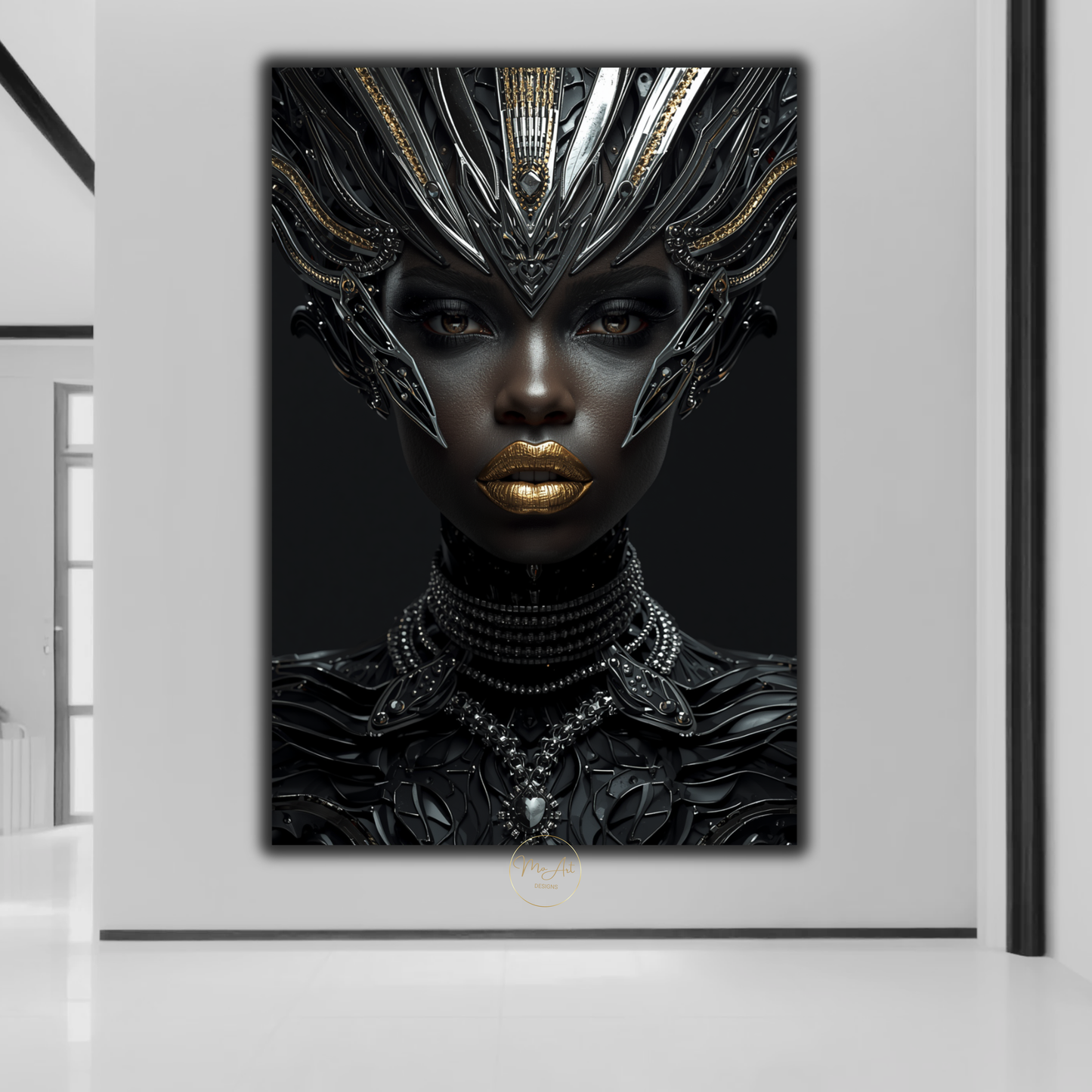 Black Woman Wall Art – Futuristic Afrocentric Warrior Queen / Black & Gold Canvas Print