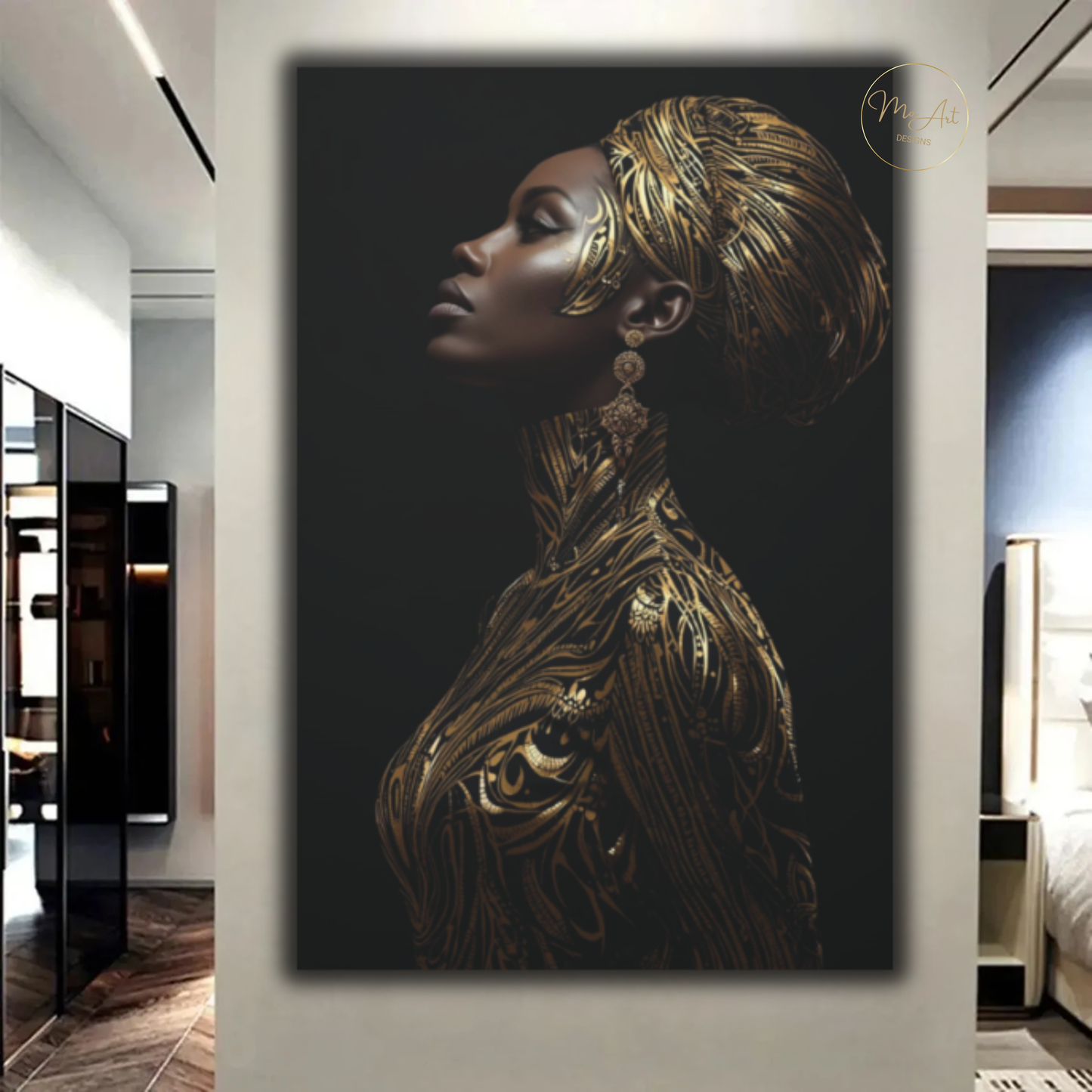 Black & Gold Woman Wall Art – Gilded Grace | Elegant Afrocentric Canvas Print