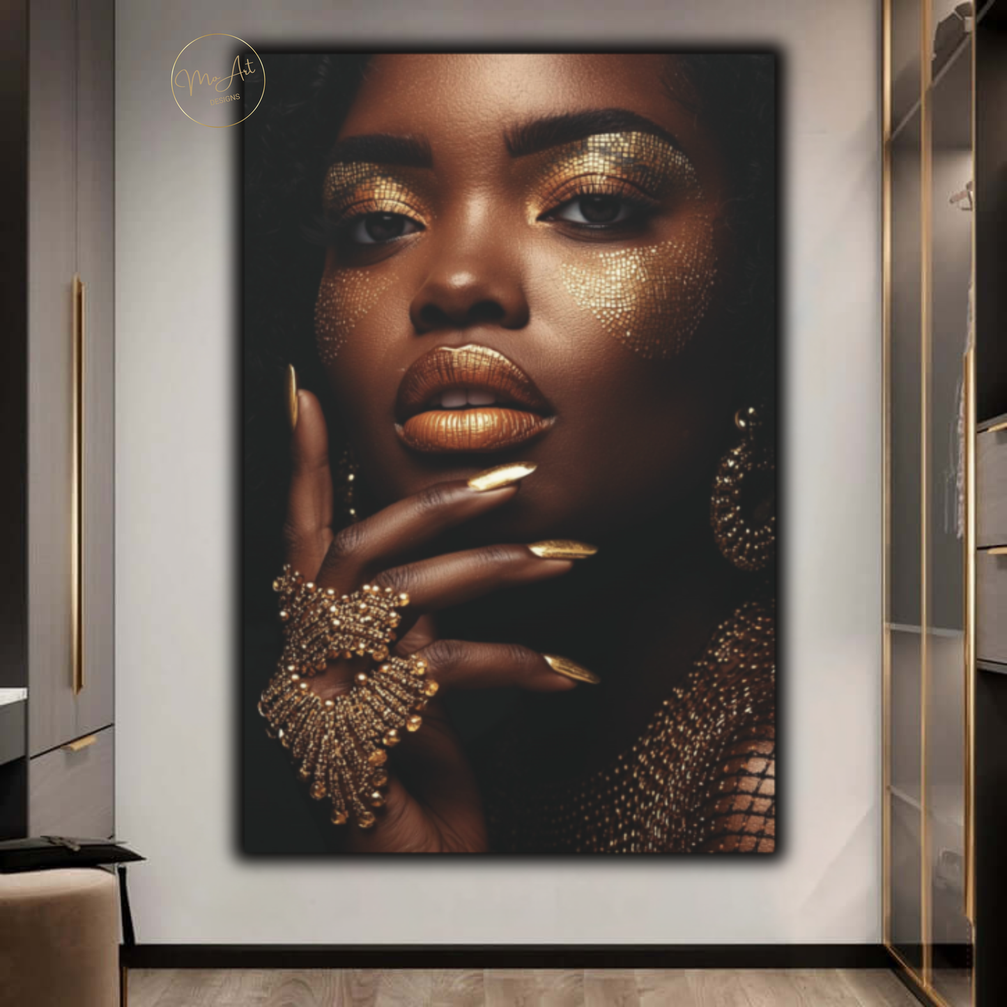 Black Woman Wall Art – Divine Glamour in Gold | Luxury Black & Gold Canvas Print