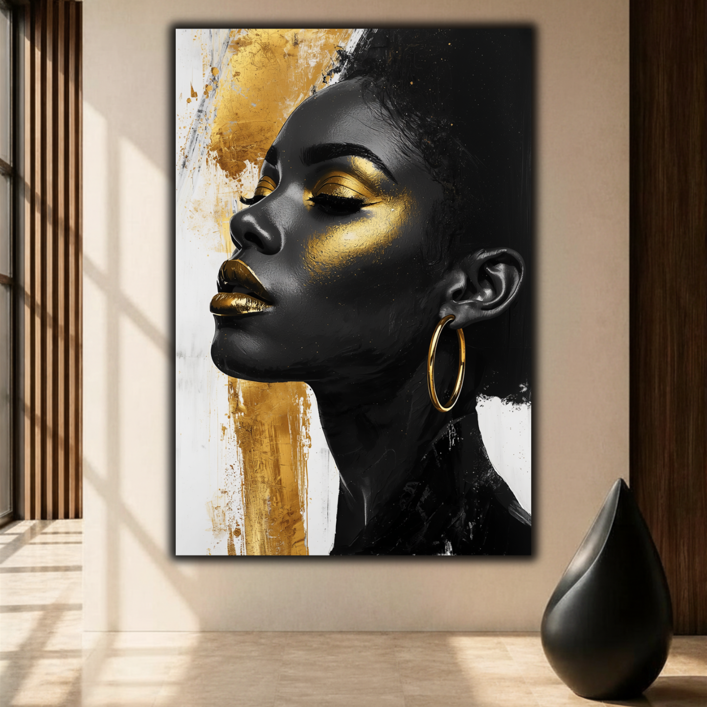 Black Woman Wall Art – Afrocentric Beauty in Black, Gold & White Canvas Print | Modern Luxury Home Decor