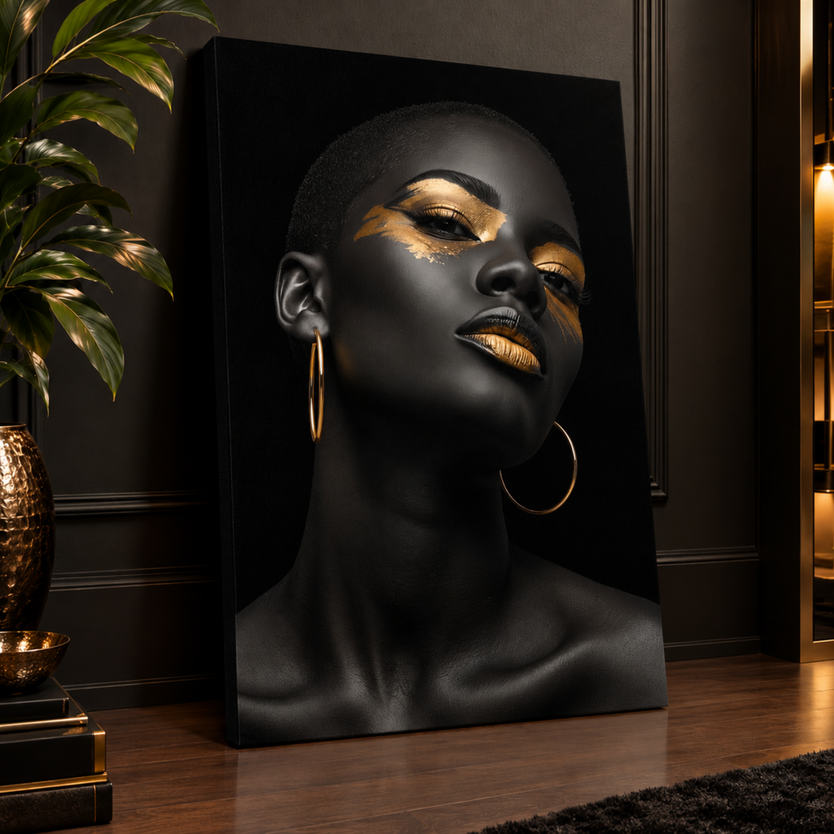 Black Woman Wall Art – Short Hair Queen | Black & Gold Afrocentric Canvas Print