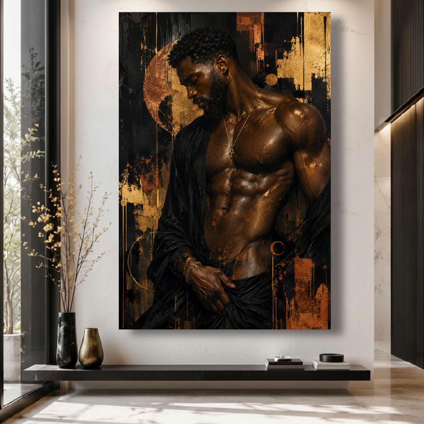 Black Man Wall Art - Seductive Afrocentric Canvas Print | Modern Black & Gold Masculine Wall Art