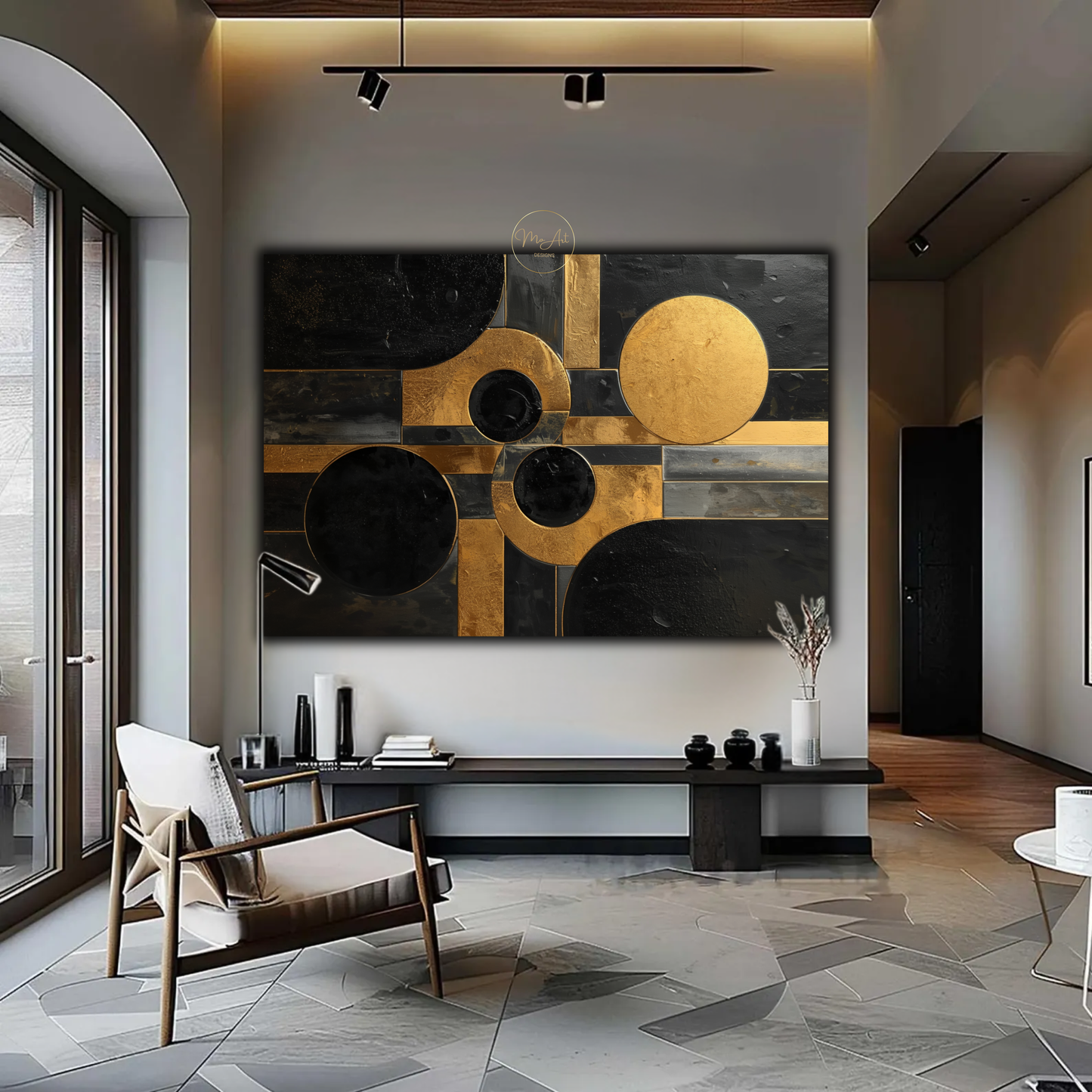 Black & Gold Geometric Abstract Wall Art – Luxury Modern Circle & Square Canvas Print