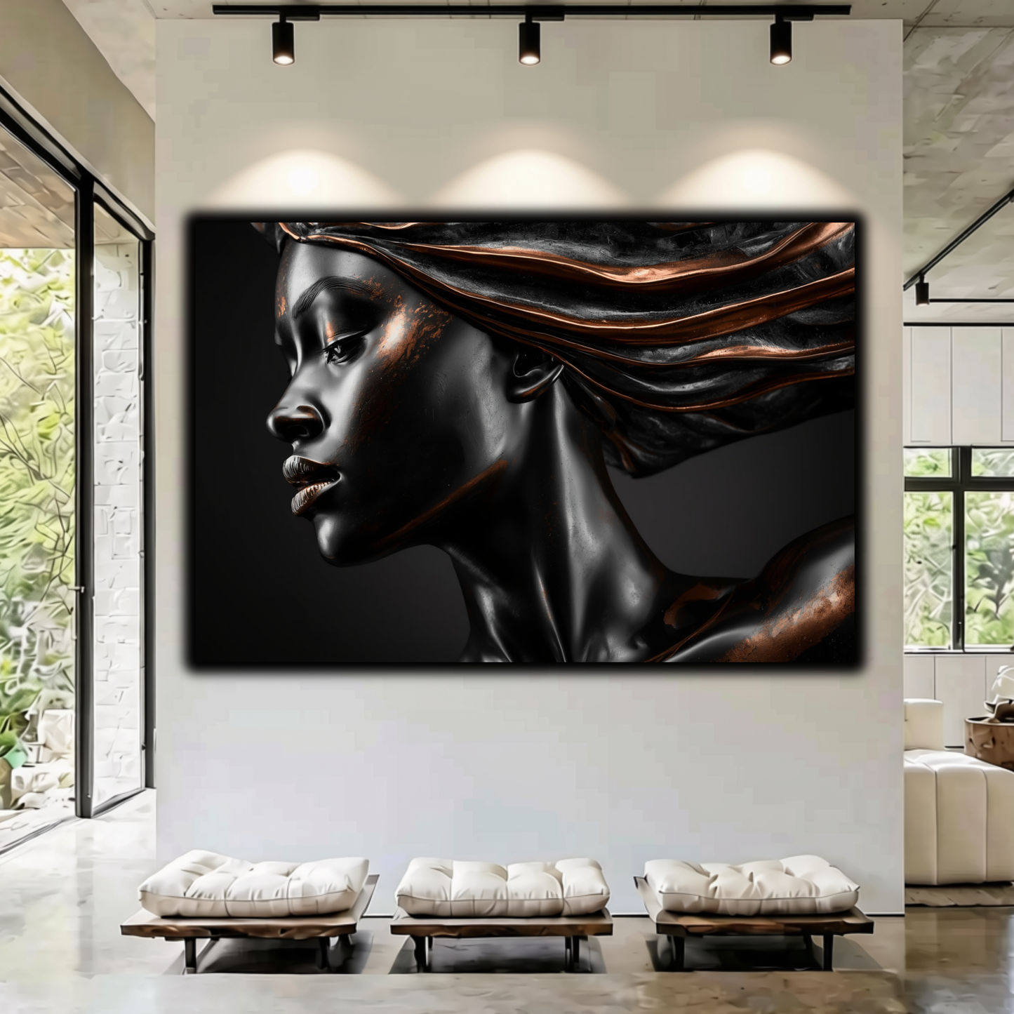 Black Woman Wall Art – Afrocentric Black & Copper Abstract Canvas Print | Modern Luxury Decor
