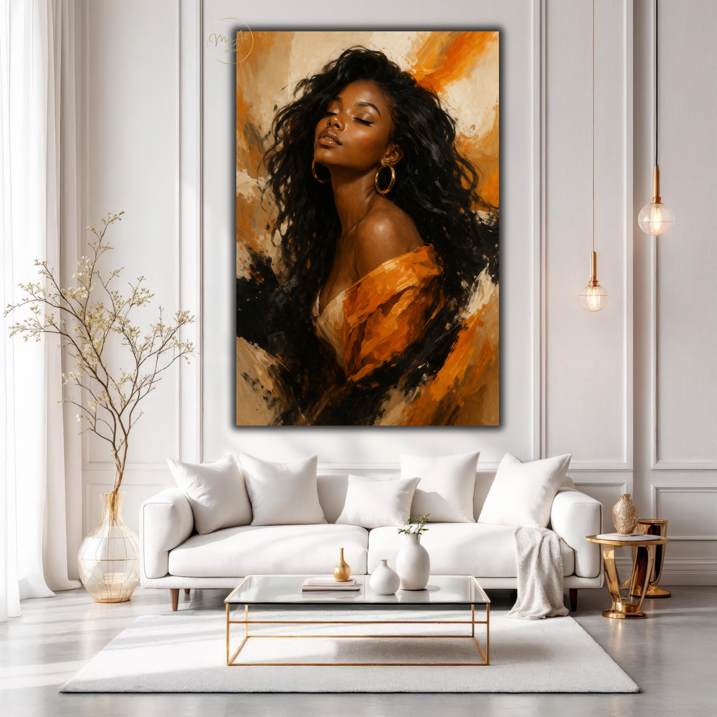 Black Woman Wall Art – Elegant Afrocentric Orange & Beige Abstract Canvas Print