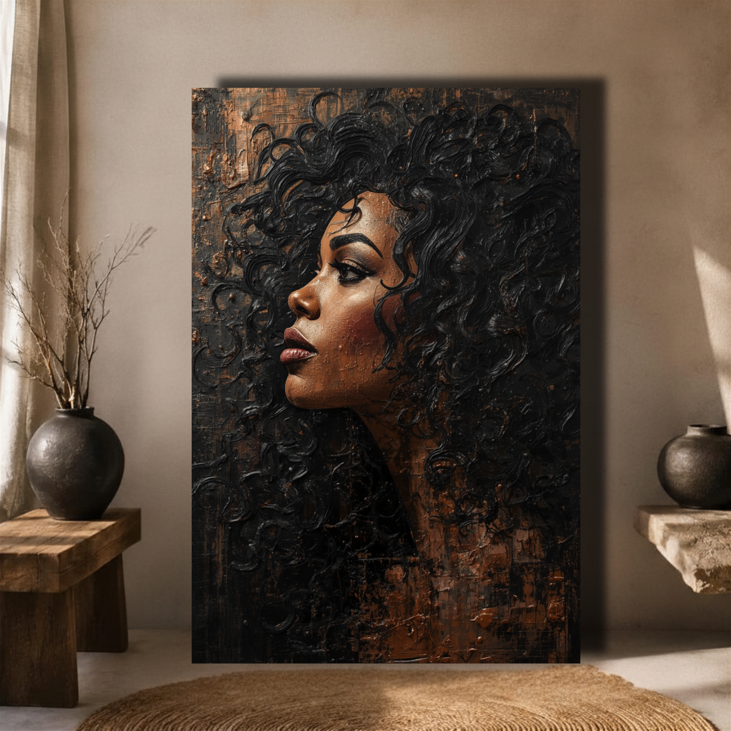 Black Woman Wall Art – Afrocentric Abstract Portrait Canvas Print | Black & Copper Wall Art