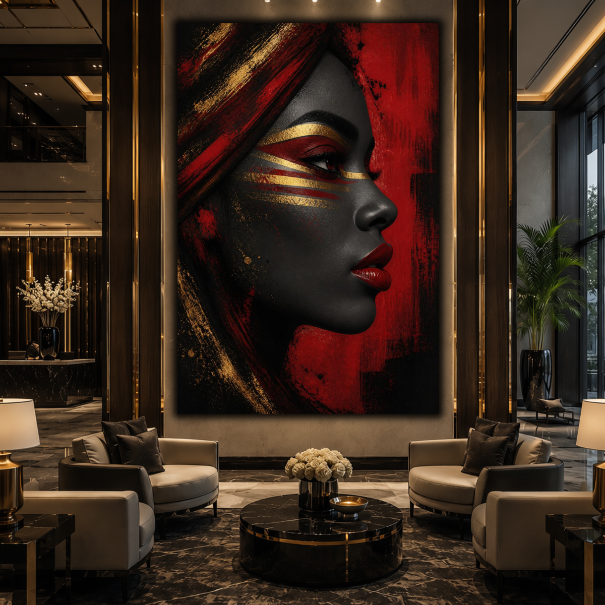 Black Woman Wall Art – Afrocentric Red, Black & Gold Portrait Canvas Print | Luxury Home Decor