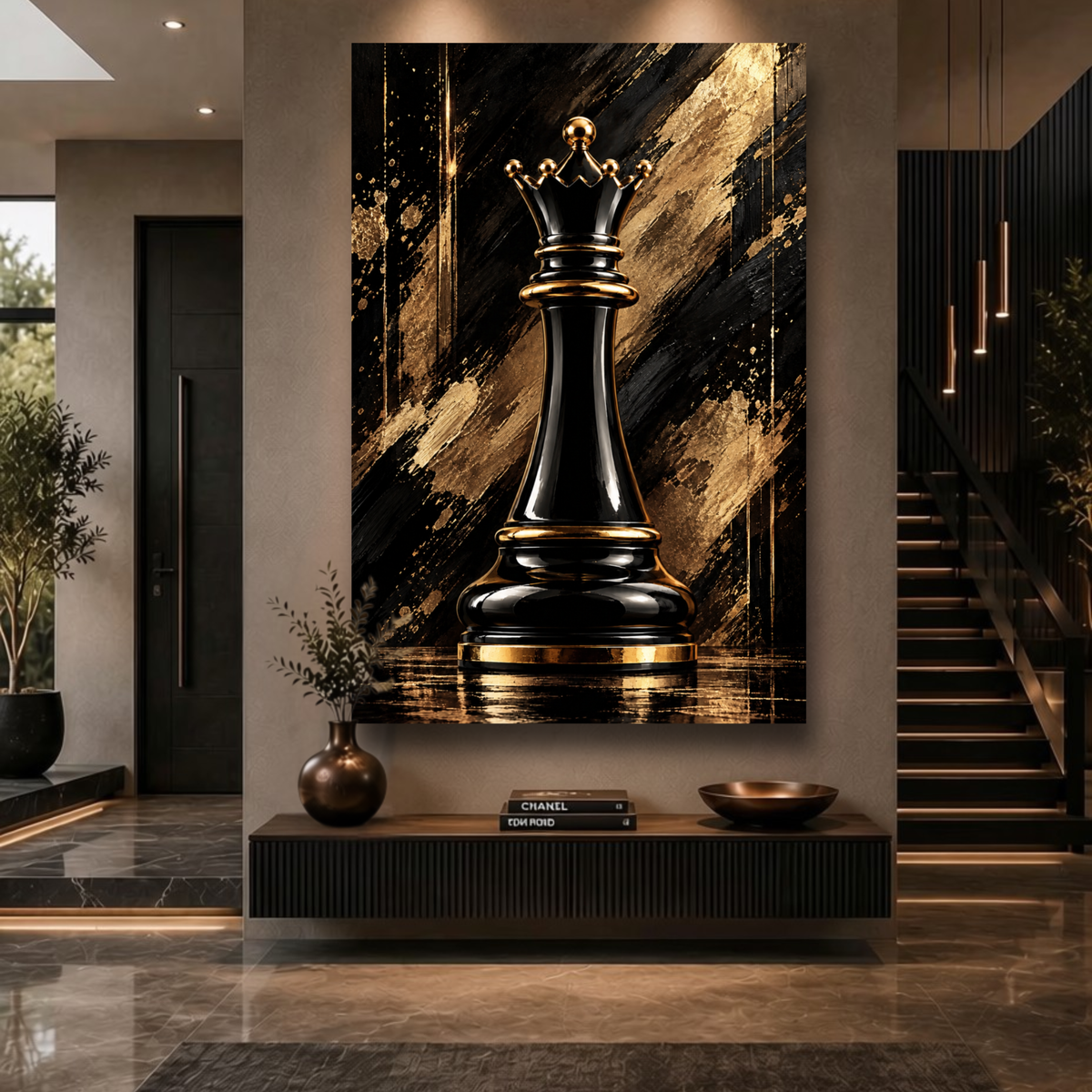Black & Gold Queen Chess Piece Wall Art | Luxury Abstract Chess Canvas Print