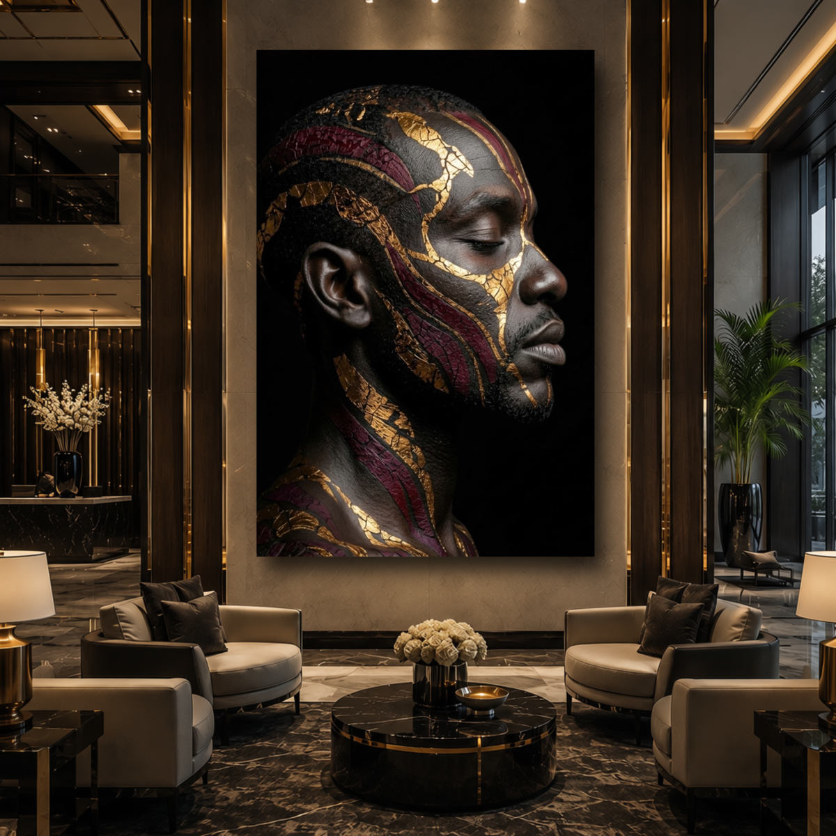 Black Man Wall Art – Serenity | Afrocentric Black, Gold & Burgundy Portrait Canvas Print