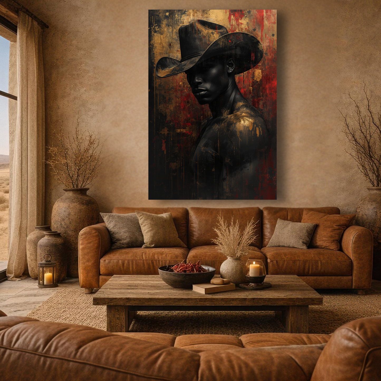 Black Man Wall Art – African American Cowboy Canvas Print | Abstract Black, Gold & Red Wall Art