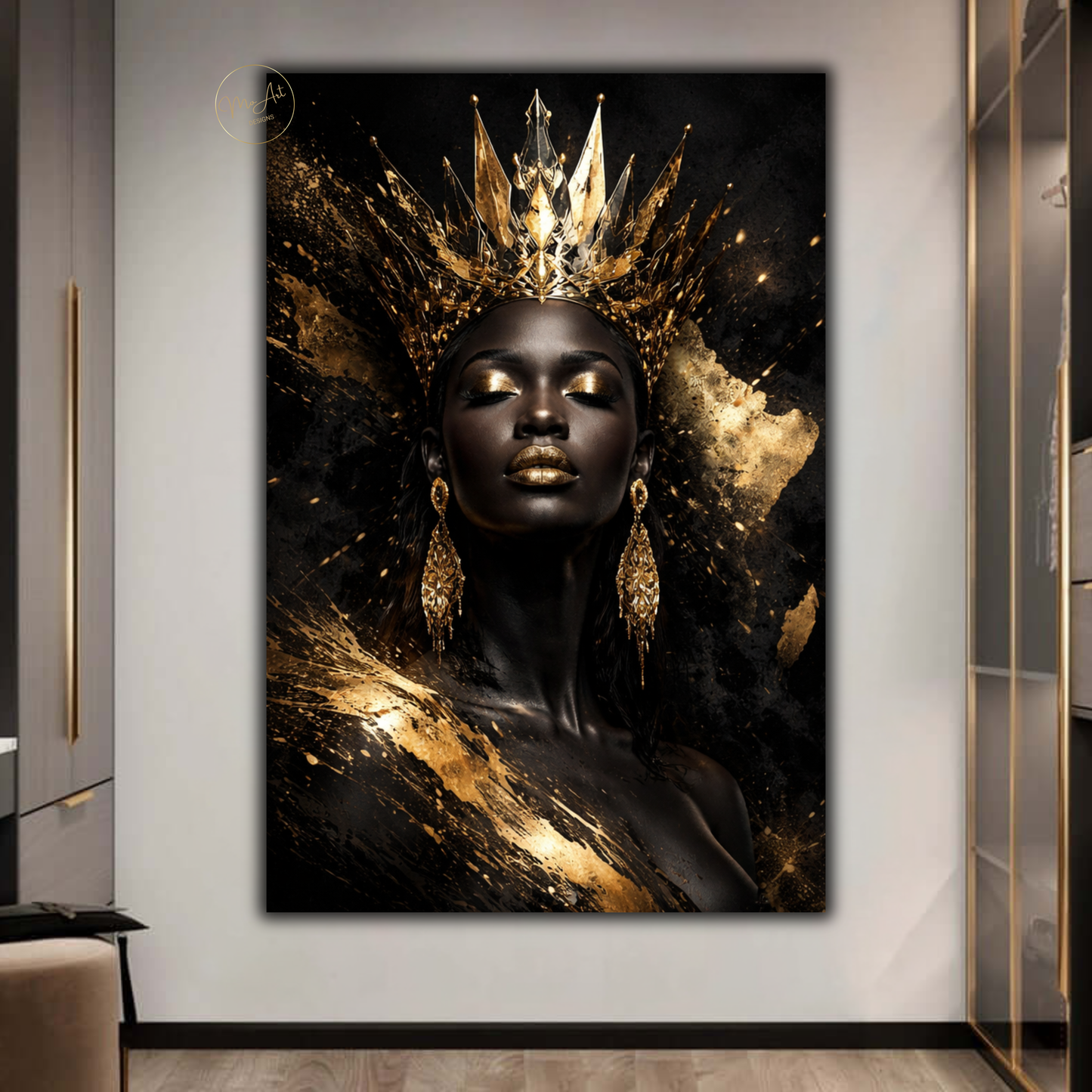 African Queen Black Woman Wall Art – Gold Crown Afrocentric Canvas Print