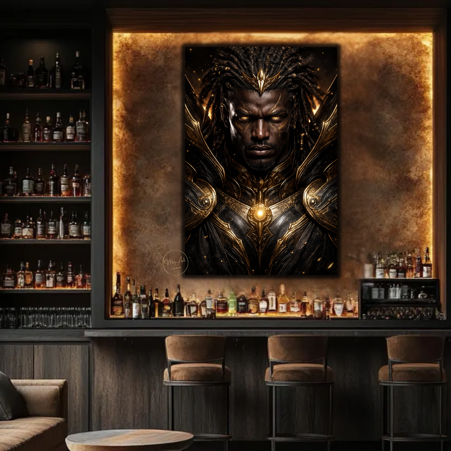 Black Warrior Wall Art – Powerful Afrocentric King in Black & Gold Armor Canvas Print