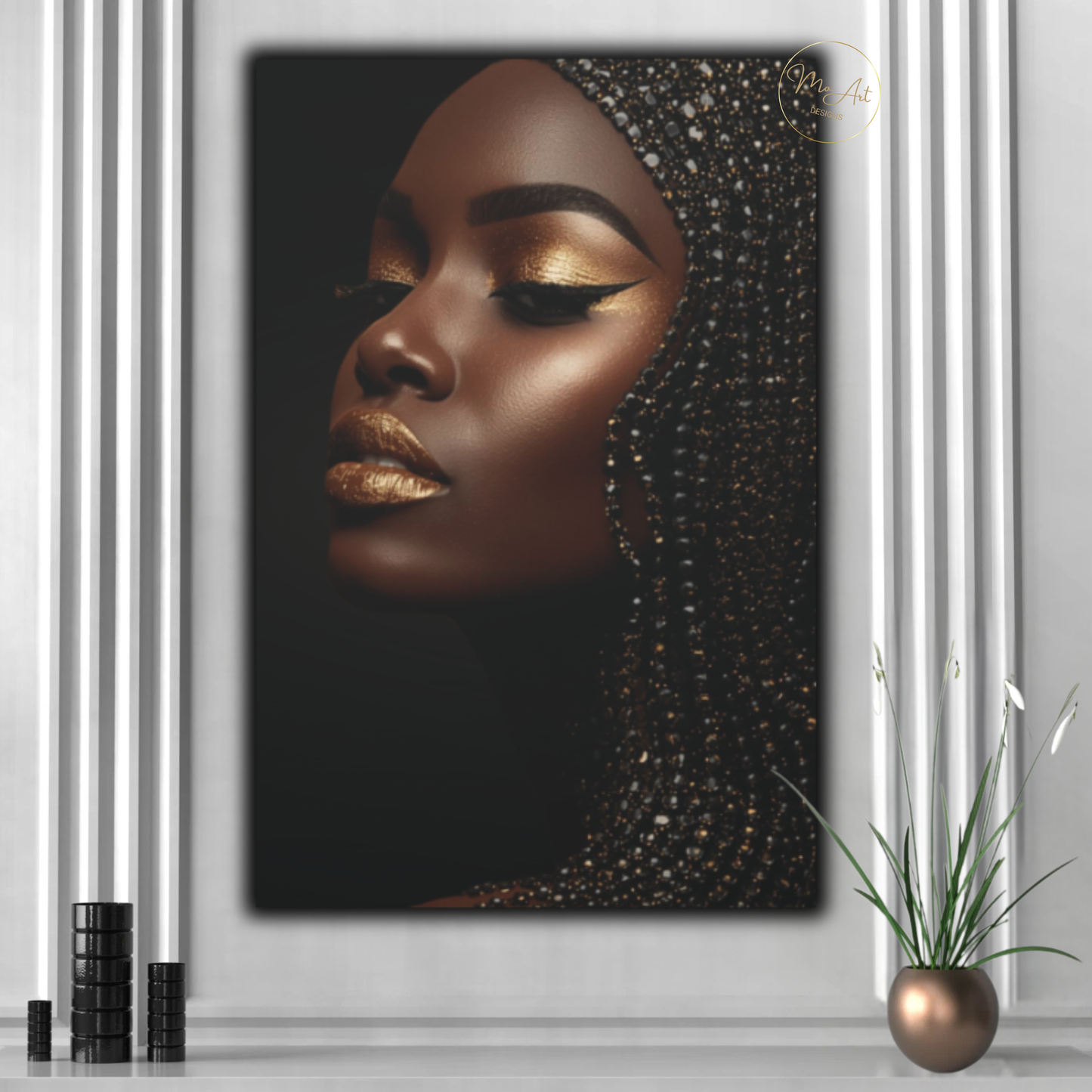 Black Woman Wall Art – Golden Radiance | Black & Gold Afrocentric Luxury Canvas Print