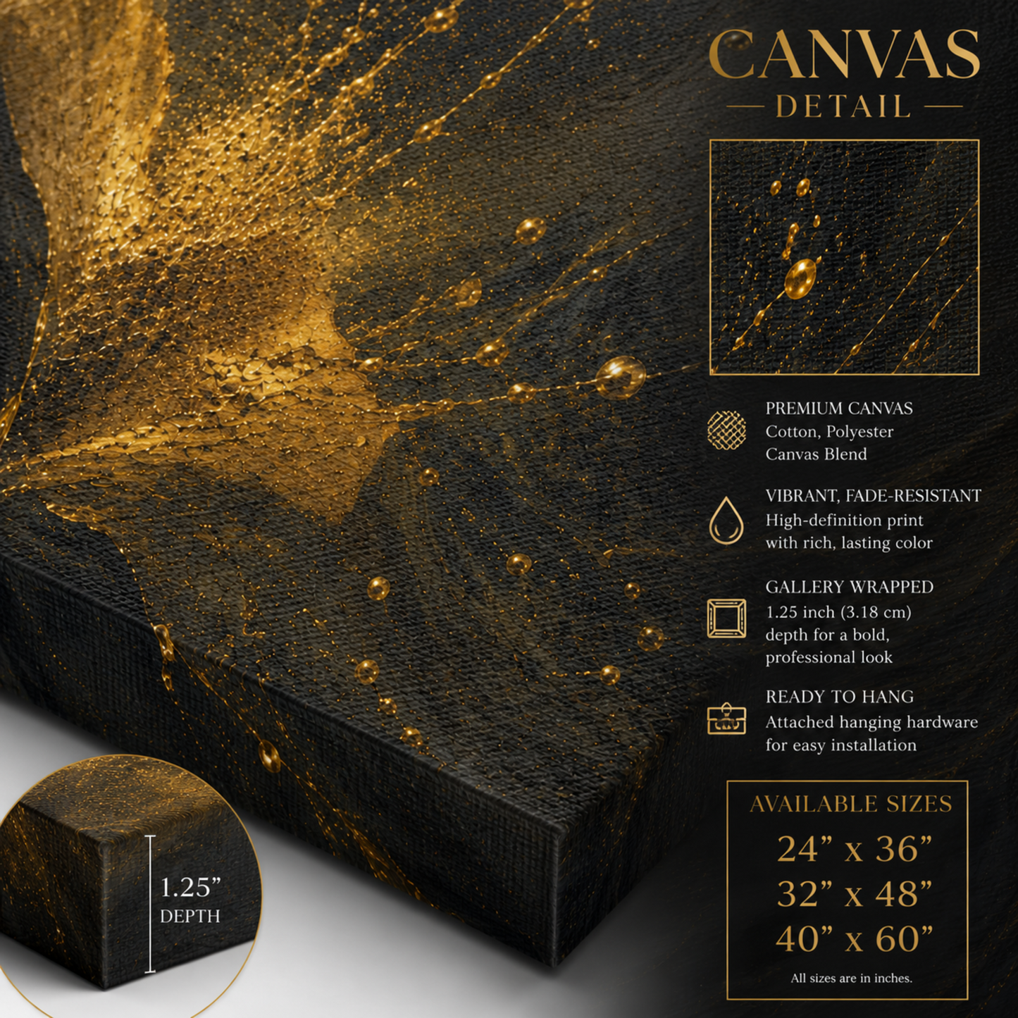 Abstract Gold Flower Wall Art – Elegant Black & Gold Canvas Print | Modern Elegant Home Decor