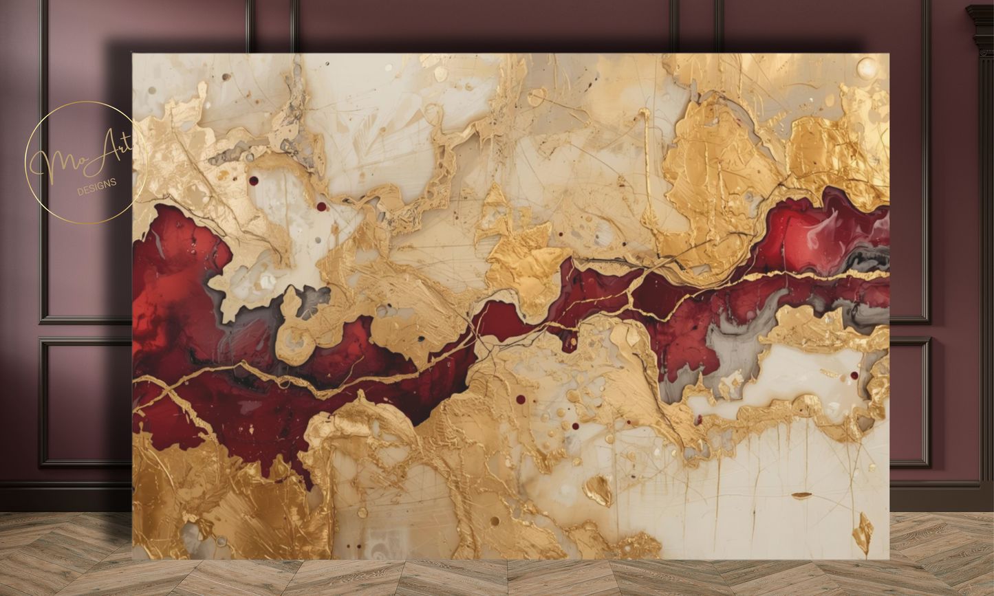 "Crimson Rift" – Abstract Gold, Burgundy & Cream Wall Art