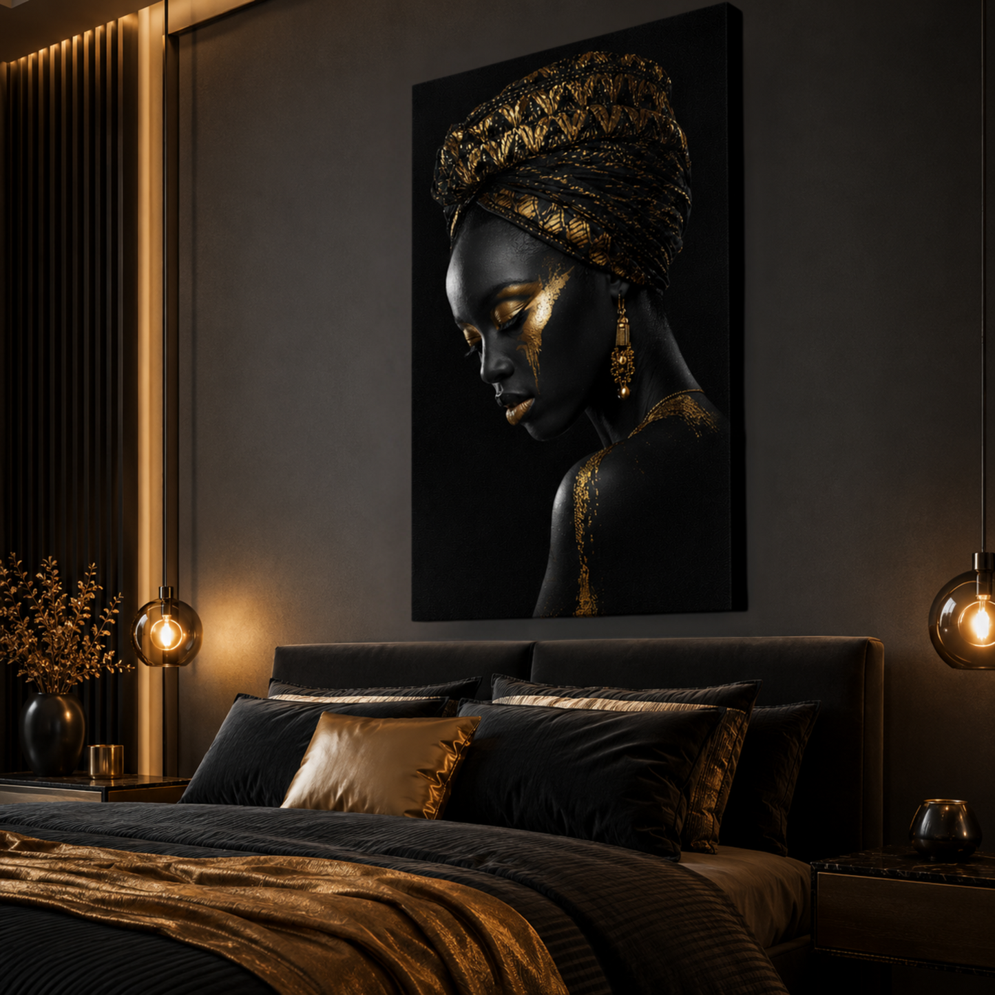 Black Woman Wall Art - African Queen Canvas Print | Black & Gold Wall Decor