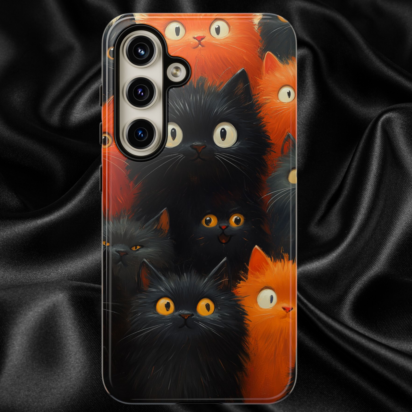 Halloween Phone Case - Orange and Black Whimsical Cats Phone Case for iPhone or Samsung's Phones