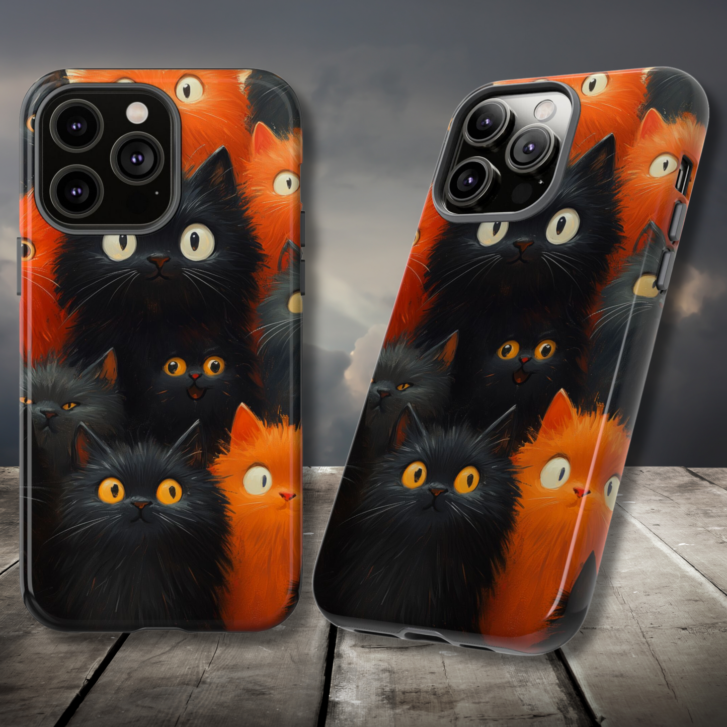 Halloween Phone Case - Orange and Black Whimsical Cats Phone Case for iPhone or Samsung's Phones